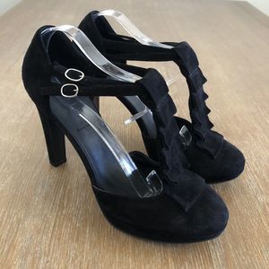J. Crew Mary Jane Heels US 9 Suede Pleated Ruffle Pumps Made In Italy Black